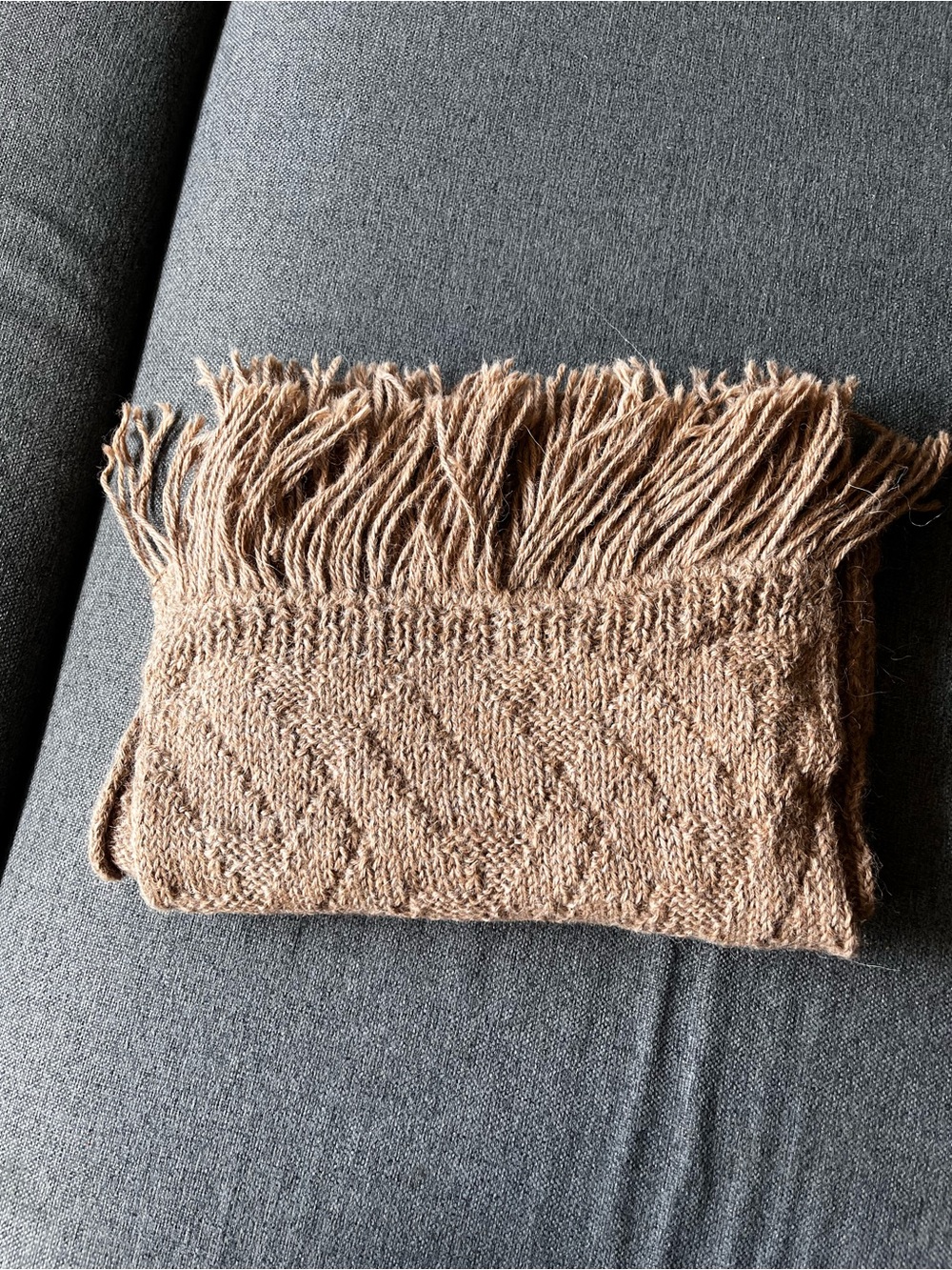 Hand Knit Taupe Silky Soft Fuzzy Wool Blend Textured Fringe Scarf 68x12